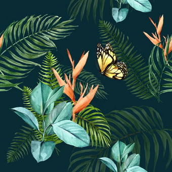 模式设计与蝴蝶和树叶有创意的水彩向量插图设计模板