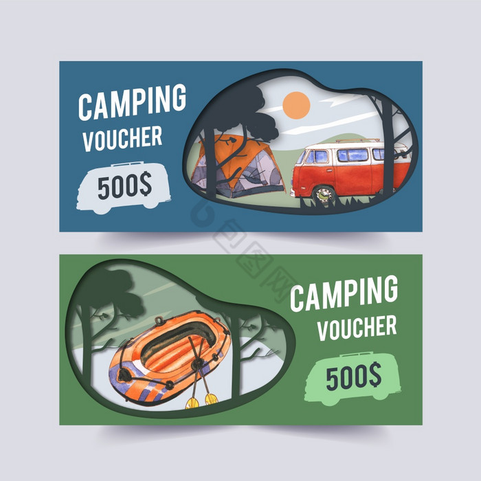 野营凭证与船的车帐篷树插图图片