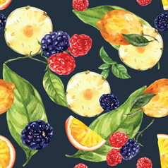 模式设计与浆果和菠萝概念色彩斑斓的无缝的插图设计模板