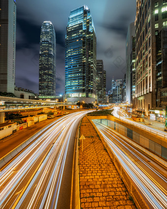 长曝光在香港香港城市景观天空爬行器哪一个有光交通运输从车公共汽车中央业务区周围国际金融公司建筑在香港香港
