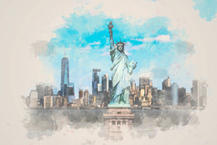 数字水彩的雕像自由在的场景新纽约城市景观河一边哪一个位置较低的曼哈顿体系结构和建筑与旅游插图和艺术概念