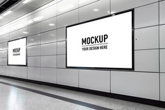 空白广告牌位于地下大厅地铁为广告模型概念低光速度快门