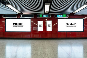 空白广告牌位于地下大厅地铁为广告模型概念低<strong>光速</strong>度快门