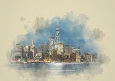 数字水彩全景新纽约城市景观河一边美国体系结构和建筑与旅游插图和艺术概念