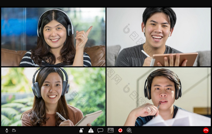 亚洲业务人会议和投票与团队合作的同事视频调用会议屏幕当新冠病毒流感大流行冠状病毒爆发在线会议社会距离和新正常的概念