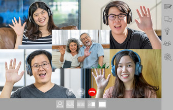 亚洲业务人说你好与团队合作的同事和夫妇祖父母视频调用会议屏幕移动电话当新冠病毒流感大流行社会距离和新正常的概念