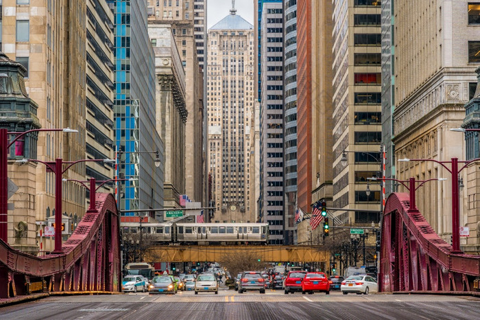 场景芝加哥街桥与交通在现代建筑市中心芝加哥密歇根大道芝加哥伊利诺斯州曼联州业务和现代运输概念