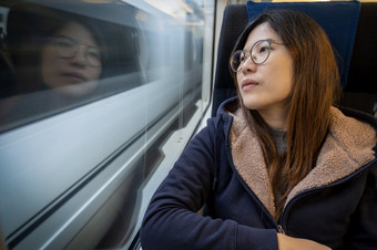 亚洲年轻的夫人乘客<strong>坐</strong>着抑郁情绪旁边的窗口内部火车哪一个<strong>旅行</strong>之间的小镇当<strong>旅行</strong>独自一人为逃避的混乱<strong>旅行</strong>者和抑制概念