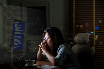 亚洲女商人工作硬与前面电脑桌面与编程<strong>源代码</strong>和运动图形在电脑屏幕工作的地方晚些时候次与令人兴奋的和严重的行动