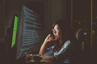亚洲女商人工作硬与前面电脑桌面与编程源代码和运动图形在电脑屏幕工作的地方晚些时候次与令人兴奋的和严重的行动