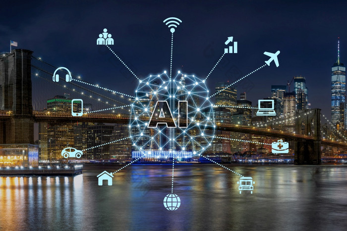 人工情报和互联网的事情技术在的布鲁克林桥新纽约城市美国市中心天际线体系结构和建筑与旅游和与物联网图标概念