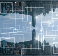 技术互联网事情在的在香港香港城市景观天空爬行器的中午业务体系结构和建筑与旅游概念技术聪明的城市和互联网事情概念