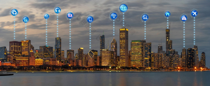 互联网事情物联网各种各样的图标在前视图芝加哥城市景观技术聪明的城市大数据人工情报未来主义的和基础设施行业概念