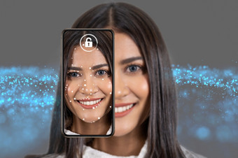亚洲女人脸检测和识别聪明的移动电话为解锁在的技术背景生物识别验证电脑愿景和人工情报概念