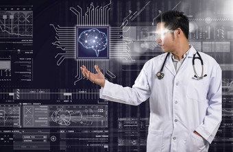 亚洲医生与的听诊器设备手持有的人工情报大脑技术在创新数字屏幕背景和技术医生概念
