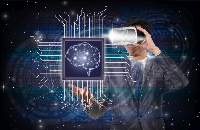 双曝光亚洲商人穿虚拟现实持有的人工情报大脑技术在创新数字屏幕背景和技术和创新概念