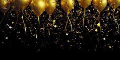 黄金气球和箔五彩纸屑下降黑色的背景与复制空间渲染