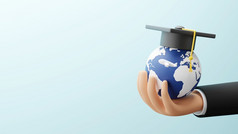 研究在国外概念设计业务手持有全球与毕业帽和飞机渲染