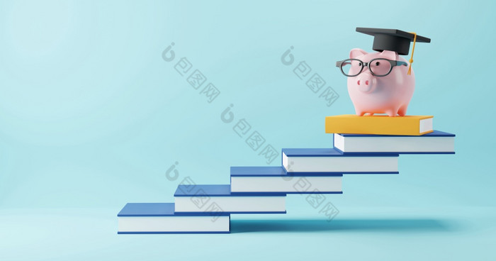 教育概念设计小猪银行与眼镜穿毕业帽书楼梯渲染