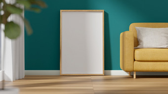 室内照片海报模拟框架和黄色的<strong>沙发椅子</strong>附近窗口呈现