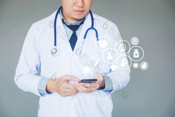 医生使用智能手机和健康哪图标背景医院病房