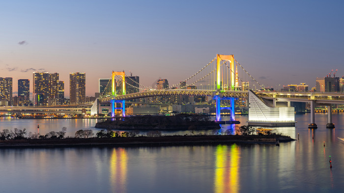 东京城市天际线晚上与视图彩虹桥日本图片