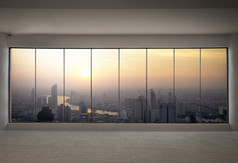 前面视图摩天大楼现代室内与城市视图从空办公室