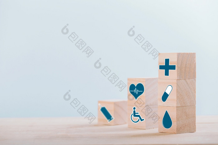 表情符号图标医疗保健医疗象征木块医疗保健和医疗保险概念