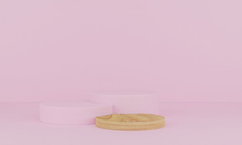 呈现摘要最小的场景与几何木讲台上粉红色的背景基座平台为显示产品演讲模拟显示化妆品产品
