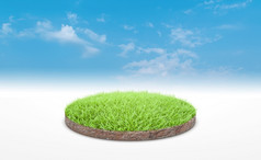 呈现圆讲台上土地草地土壤地面交叉部分与绿色草在蓝色的天空背景