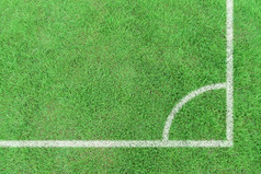 白色条纹角落里标记足球场与绿色草前视图体育运动背景
