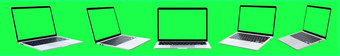 集合移动PC电脑与空白绿色屏幕孤立的绿色背景