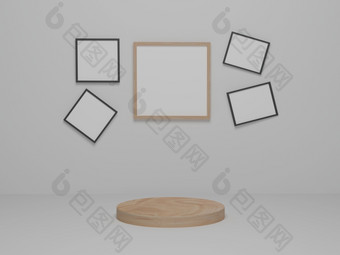 背景产品最小的木讲台上白色平台摘要极简主义与图片框架背景渲染插图