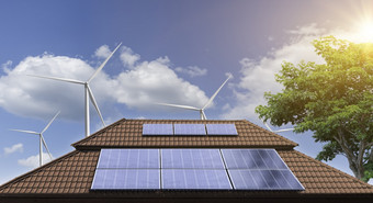 <strong>太阳能</strong>面板屋顶<strong>房子</strong>与风涡轮机周围光伏替代电源可持续发展的资源