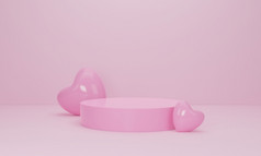 渲染粉红色的心和讲台上站显示产品显示柔和的颜色背景摘要最小的几何形状背景为情人节一天设计作文