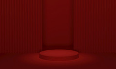 阶段讲台上红色的天鹅绒窗帘背景为产品显示现代红色的讲台上与几何背景渲染插图