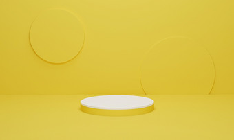<strong>白色</strong>油缸讲台上黄色的背景最小的场景与黄色的几何平台讲台上站为产品显示渲染插图