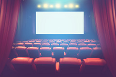 空剧院礼堂与空白屏幕电影电影与红色的座位之前显示时间