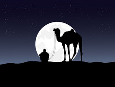 的黑色的轮廓的人和的骆驼的前的山有的月亮和蓝色的天空的背景