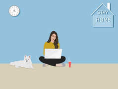 女人坐着使用笔记本的房子的白色狗坐旁边在那里是字符保持首页的墙