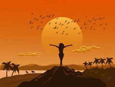 轮廓女人站在和显示他的手的前的山幸福的在那里是海山鸟和日落背景