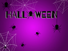 万圣节一天许多黑色的蜘蛛紫色的背景和黑色的万圣节字体。