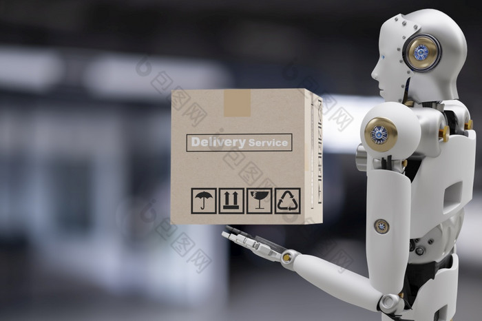 机器人网络未来未来主义的人形持有盒子产品技术工程设备检查为行业检查检查员运输维护机器人服务技术