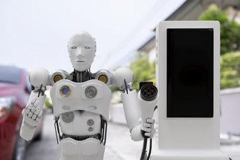 机器人网络未来未来主义的人形科技行业车库电动汽车充电器充电加油电站车辆运输运输未来车客户为运输汽车汽车