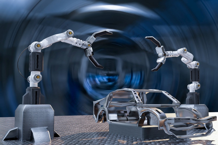 车生产处理服务工厂机器人科技机器人控制手臂手机器人人工为车技术车库经销商与科技手Cyborg渲染