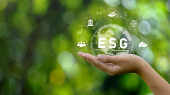 环境、社会和治理图标概念环境可再生手自然地球社会和治理可持续发展的业务网络连接绿色背景环境图标