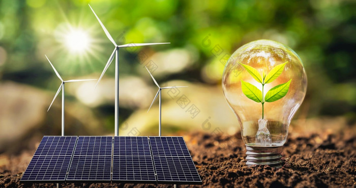 概念清洁能源和储蓄权力自然太阳能面板与风涡轮小树和灯泡