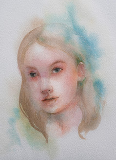 手画肖像水彩美女人绘画插图白色纸背景