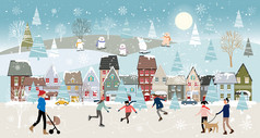 全景冬天晚上圣诞节和新一年庆祝村与快乐孩子们滑雪橇男孩和女孩玩冰溜冰鞋的冬天公园青少年滑雪的山