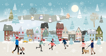全景<strong>冬</strong>天晚上圣诞节和新一年庆祝村与快乐孩子们滑雪橇男孩和女孩玩冰溜冰<strong>鞋</strong>的<strong>冬</strong>天公园青少年滑雪的山